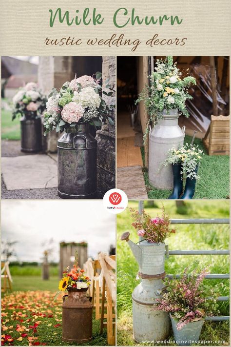 milk chhurn rustic wedding decors Milk Can Wedding Decor Rustic, Milk Can Wedding Decor, Wedding Ceremony Chairs, Fall Wedding Color Schemes, Wedding Isles, Wedding Alters, Ceremony Chairs, Wedding Lounge, Wedding Signs Diy