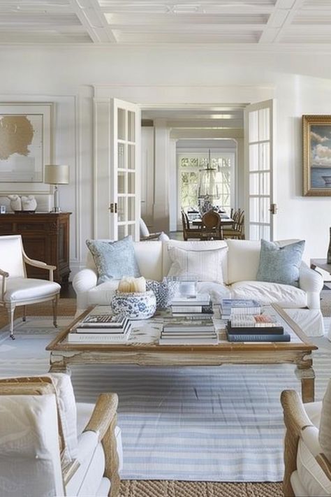 Nancy Meyers Interior Design Aesthetic: How To Get The Look Rooms With White Sofas, Hamptons Aesthetic Living Room, Layered Home Decor, Southern Charm Living Room, Coastal Vintage Living Room, Living Room Nancy Meyers, Nancy Meyers Beach House, Nancy Meyers Dining Room Aesthetic, Nancy Meyers Coffee Table