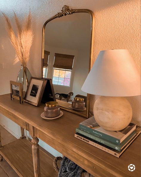 Entry Table With Gold Mirror, Side Table With Mirror Above, Entry Table In Bedroom, Everett Foyer Table Fall Decor, Foyer Lamps Entryway, Entryway Table And Mirror, Front Door Table Entryway, Entryway Table With Mirror, Entryway Table Lamp