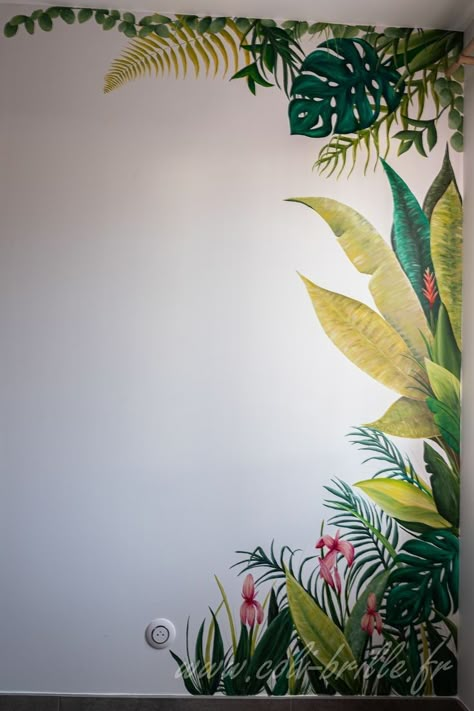 Plant Wall Drawing, Tropical Mural Art, Nature Wall Murals Diy, Acrylic Mural Painting, Acrylic Wall Paint, Leaves Mural Painting, Nature Murals Painted, Wall Painting Leaves, Cafe Wall Art Murals