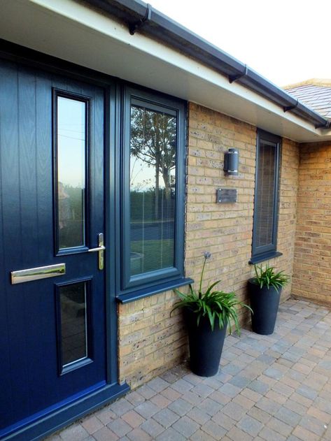 Blonde Brick House Exterior, Blonde Brick House, Yellow Brick House Exterior, Integral Blinds, Blonde Brick, Grey Window Frames, Navy Door, Painting Siding, Yellow Brick Houses