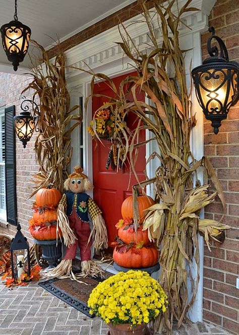 Autumn Porch, Pumpkins And Gourds, Corn Stalks, Pumpkin Topiary, Fall Front Porch Decor, Fall Deco, Autumn Decorating, Fall Outdoor Decor, Fall Decorations Porch