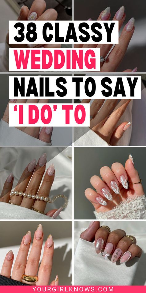 Say "I do" to the perfect manicure! Are you searching for the dreamiest wedding nails for the bride? Look no further! Our collection of wedding nail designs ranges from simple wedding nails that whisper sweet sophistication to trendy wedding nails that scream modern glamour. Whether you're all about that classy bridal look or on the hunt for something uniquely you, we've curated ideas that will have you swooning! Explore classy wedding nails that match any bride's style! Bride Nails Fall, Engagement Nails Acrylic Simple, Simple Wedding Nails For Bride Acrylic, Almond Nails For Wedding Guest, Vintage Bridal Nails, Mrs Nails Design, Bride Nails Oval, Wedding Simple Nails, Formal Event Nails Black Tie