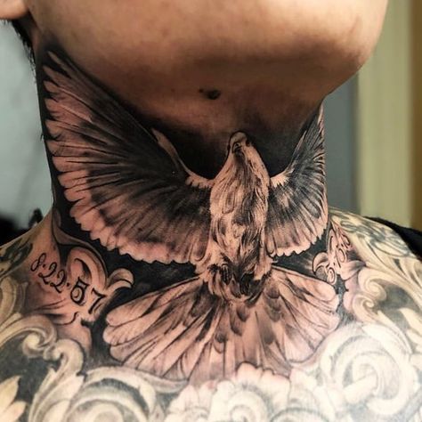 Tattoos Dove On Throat Tattoo, Male Throat Tattoo, Dove Neck Tattoo Men, Eagle Throat Tattoo, Full Neck Tattoos For Men, Bird Neck Tattoo, Throat Tattoo Men, Dove Neck Tattoo, Front Neck Tattoo For Guys