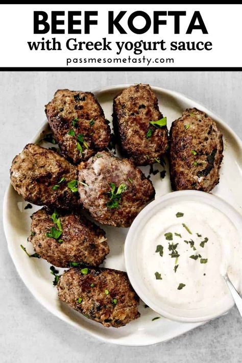 Greek Kofta Recipe, Kefta Recipe, Beef Kofta Recipe, Ground Beef Paleo Recipes, Beef Kofta, Greek Sauce, Greek Yogurt Sauce, Beef Kebabs, Greek Dinners