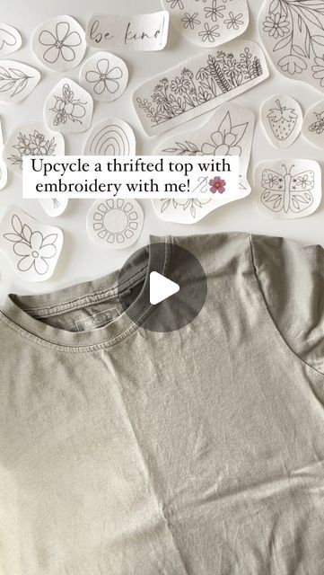 Sophie Timms•Modern Embroidery Artist on Instagram: "Comment ‘JOYFUL’ if you want this pack of designs for stitching clothing!🪡  I love upcycling thrifted clothes🥰   And this pack of 24 joyful designs are perfect for exactly that!!   Comment ‘JOYFUL’ and I’ll DM you the link✨  P.S. the pack also comes with a full guide for stitching clothing!🪡✨  #embroideringclothes #embroiderclothes #upcycleclothing #stitchwithme #slowstitching #embroiderystitches #embroiderydesigns #embroiderypatterns #tshirtstyle #learnembroidery" Upcycle With Embroidery, How To Embroider On Shirt, Modern Embroidery Ideas Fashion, Subtle Embroidery On Clothes, Diy Sweatshirt Iron On Patches, Simple Embroidery Sweatshirt, Embroidery On Clothes Aesthetic, Small Easy Embroidery Ideas, Hand Embroidery Tshirt Ideas