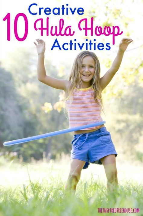 The Inspired Treehouse - 10 Fun and motivating ways to use hula hoops to promote gross motor skills in ways that you may have never thought of. Hula Hoop Activities, Hula Hoop Games, Outdoor Camping Games, Recess Games, Gym Games For Kids, Hoop Games, Play Therapy Techniques, Kids Gym, Gym Games