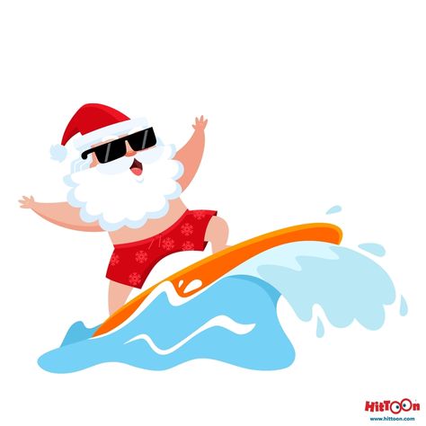 Surfing Santa Drawing, Surfing Santa Craft, Summer Santa Claus, Embroidery Clipart, Surfing Christmas, Advent Windows, Tropical Santa, Santa Claus Cartoon, Beach Cartoon