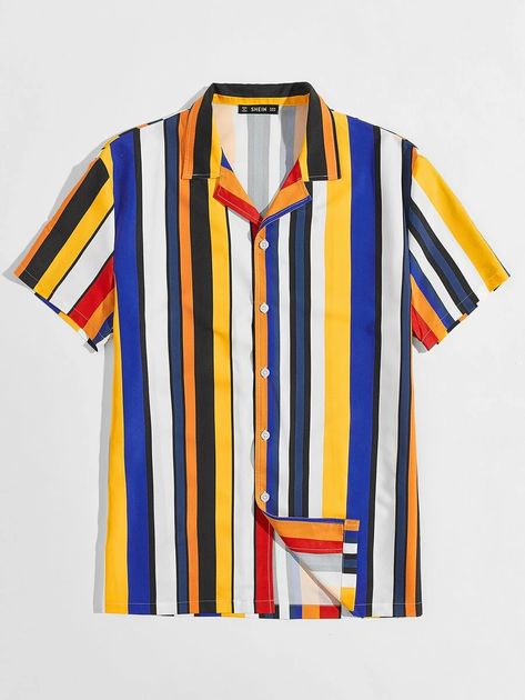 Multicolor Casual Collar Shirt, Men’s Striped Shirt, Horizontal Stripes Shirt Men, Retro Multicolor Button-up Shirt, Visual Merchandising Fashion, Cheap Men's T-shirt With Three Stripes Branding, Striped Shirt Men, Creepy Cute Fashion, Shein Men