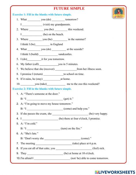 Future Simple Worksheet, English Excercise, Tenses Worksheet, Opposite Words For Kids, Easy English Grammar, Tenses Exercises, Future Tense, Elementary Learning, Opposite Words