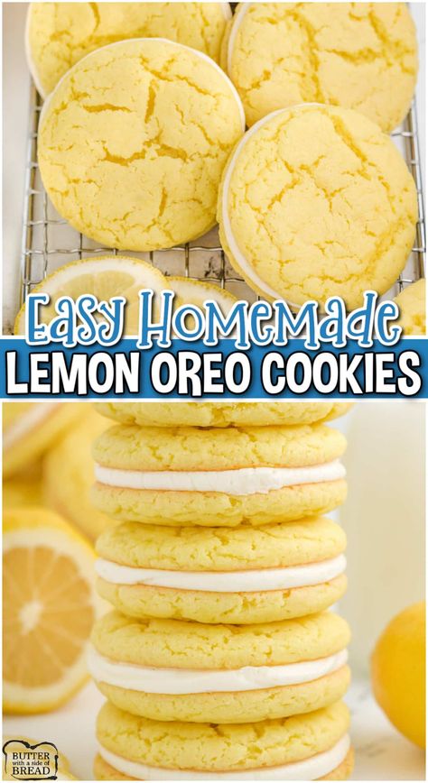 CAKE MIX LEMON OREO COOKIES - Family Cookie Recipes Lemon Crunch Cookies, Cookie Recipes Summer, Lemon Cream Cheese Filling, Lemon Sandwich Cookies, Oreo Cookie Butter, Soda Cupcakes, Lemon Oreo, Cowgirl Cookies, Cookie Sandwich Recipes