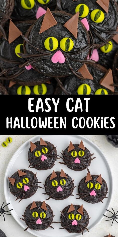 Black Cat Cookies are a fun and festive Halloween treat, made from a simple cake mix base and topped with rich black cocoa frosting. These easy Halloween cookies are decorated with candy eyes, licorice whiskers, and chocolate ears, making them a hit at any party. Check out the blog for a quick and delicious way to add spooky flair to your Halloween dessert table! Cat Desserts, Cocoa Frosting, Black Cat Cookies, Halloween Dessert Table, Easy Halloween Cookies, The Best Cookie Recipes, Candy Eyes, Black Cocoa, Black Food Coloring