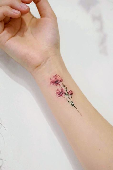 21 Flower Tattoos Designs And Meanings For Your Inspo | Page 6 of 8 Wildflowers Tattoo, Pastel Tattoo, Poppy Flower Tattoo, Flower Wrist Tattoos, Poppies Tattoo, Shape Tattoo, Beautiful Flower Tattoos, Small Flower Tattoos, Flower Tattoo Shoulder