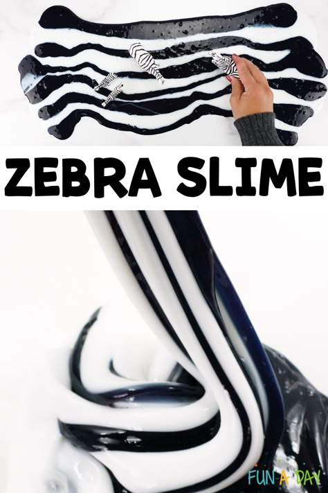 two different images of black slime and white slime mixed together and the text 'zebra slime' Monkey Snacks For Preschool, Rainforest Lessons, Animal Science Experiments, Zoo Animals Preschool Activities, Animal Science Activities, Zoo Activities Preschool, Safari Science, Zoo Animals Preschool, Mfw Kindergarten