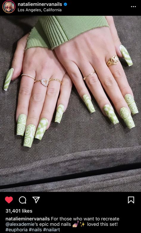 Maddy’s green nails. Euphoria season 2 Maddi Nails Euphoria, Maddie Perez Green Outfit, Maddy Green Nails, Maddie Perez Nails Euphoria, Maddy Nails Euphoria Season 2, Mandy Euphoria Nails, Maddy Euphoria Makeup Season 2, Euphoria Nails Ideas Maddy, Nail Designs Euphoria