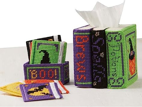 Amazon.com: Herrschners Spellbound Set Plastic Canvas Plastic Canvas Kit Potions Book, Plastic Canvas Books, Halloween Kit, Crochet Pillow Cover, Magical Book, Plastic Canvas Tissue Boxes, Plastic Canvas Patterns Free, Box Patterns, Tissue Box Cover