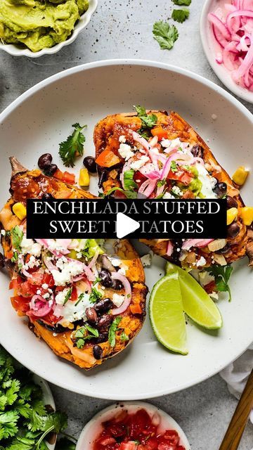 Maria Lichty | Two Peas & Their Pod on Instagram: "STUFFED SWEET POTATOES🍠

Baked sweet potatoes filled with black beans, veggies, enchilada sauce, and lots of delicious toppings! This is one of my all-time favorite meals, satisfying and delicious!🧡

➡️ COMMENT the word RECIPE and I’ll DM you a clickable link to the recipe!

#sweetpotato #dinner #dinnerideas #vegetarian #vegetarianrecipes #plantbased#twopeasandtheirpod #recipe #recipeoftheday #healthydinner #whatsfordinner" Vegan Budget, Stuffed Sweet Potato, Potatoes Baked, Dinner Favorites, Stuffed Sweet Potatoes, Baked Sweet Potatoes, Lunch Specials, Favorite Meals, Budget Saving