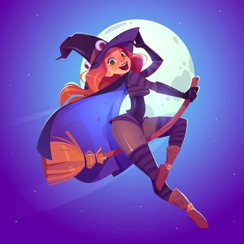 Free Vector | Beautiful witch, redhead woman in spooky hat flying on broom in night sky Easy Digital Art Ideas, Easy Digital Art, Witch Flying On Broom, Digital Art Ideas, Magic Doodle, Shaman Woman, Creepy Animals, Halloween Party Night, Greeting Poster