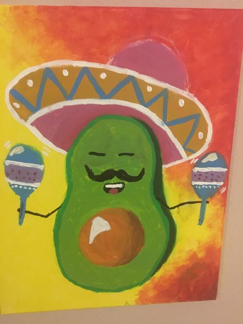 Simple Mexican Paintings, Easy Mexican Painting Ideas, Mexican Paintings Ideas Easy, Taco Painting, Fiesta Painting, Mexican Paintings Ideas, Mexican Avocado, Painting Class Ideas, Avocado Painting