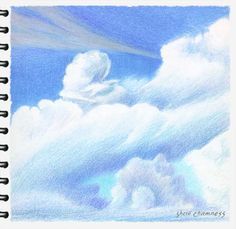 Drawing Colored Pencil, Sky Drawing, Pencil Drawings Of Flowers, Pencil Techniques, Colored Pencil Techniques, Cloud Art, Winter Sky, Cloud Drawing, Color Pencils