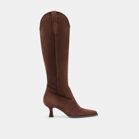 ARIANA BOOTS DK BROWN SUEDE Brown Heeled Boots, Denim Maxi, Sweater Dresses, Wide Calf Boots, Denim Maxi Skirt, Wide Calf, Maxi Skirts, Calf Boots, Heeled Loafers