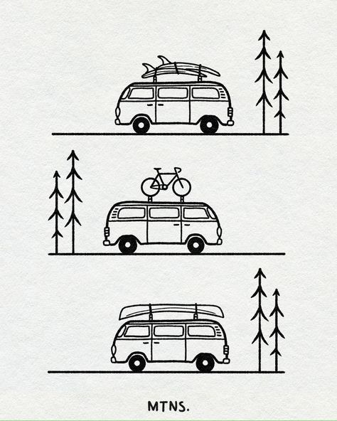 Which one is your‘s? #vanlife #AdventureAwaits #inkdrawing #tattooideas #OutdoorInspired Van Life Illustration, Campervan Drawing, Van Life Tattoo, Roadtrip Drawing, Camper Tattoo, Van Sketch, Van Tattoo, Van Drawing, Inktober Ideas