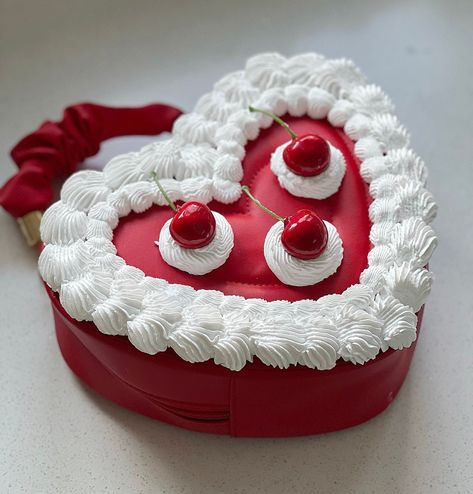 Stunning red heart shaped bag, decorated as a vintage cake topped with cherries. The bag has an extendable strap to be cross bodied as well. Around 8 inches. Heart Shape Purse, Cute Pink Heart-shaped Bag, Cake Boxes Diy, Fake Cake Jewelry Box, Red Heart-shaped Evening Bag, Cake Purse, Cake Bag, 3d Portfolio, Whipped Cream Cakes