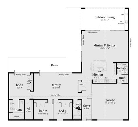 V Shaped House Plans Layout, Slab On Grade House Plans, L Shape House Design Exterior, L Shaped Building, L Shaped Ranch, L Shaped House Plans, L House, Shaped House, L Shaped House