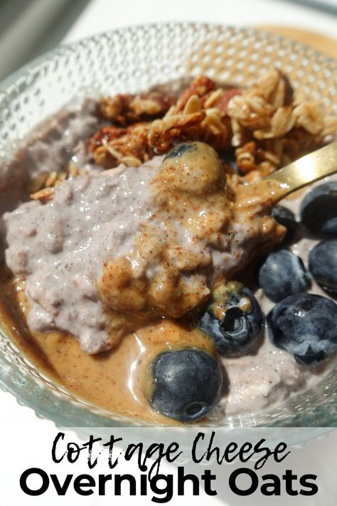 Cottage Cheese Overnight Oats Cottage Cheese Overnight Oatmeal, Oatmeal With Cottage Cheese, Overnight Oats Coconut Milk, Cottage Cheese Overnight Oats, Triglycerides Diet, Vanilla Almond Granola, Blueberry Overnight Oats, Protein Baking, Almond Granola