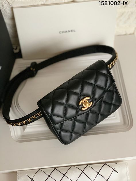 Chanel quilted leather woman belt bag chain Fanny pack black gold Belt Bag Chanel, Designer Belt Bags, Leather Belt Bag Women, Dior Belt Bag, Luxury Belt Bag, Prada Belt Bag, Chanel Belt Bag, Gucci Fanny Pack, Tiny Purses