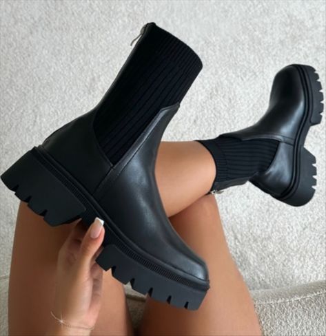 Malakai Black Knit Chunky Ankle … curated on LTK Black Sock Booties, Malakai Black, Black Chunky Boots, Sock Design, Chunky Ankle Boots, Black Heels Low, Sock Booties, London Shoes, Oversized Jumper