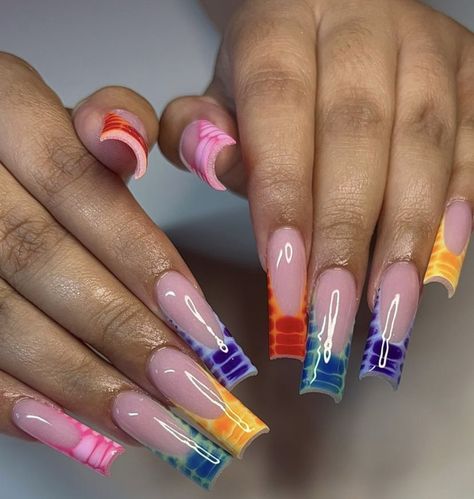 Colorful French Tip Designs, Colorful Croc Nails, Croc Nails Acrylic, Colorful Vacation Nails, Boujee Nails Designs, Croc Print Nails, Croc Nails, Dance Nails, Vacay Nails