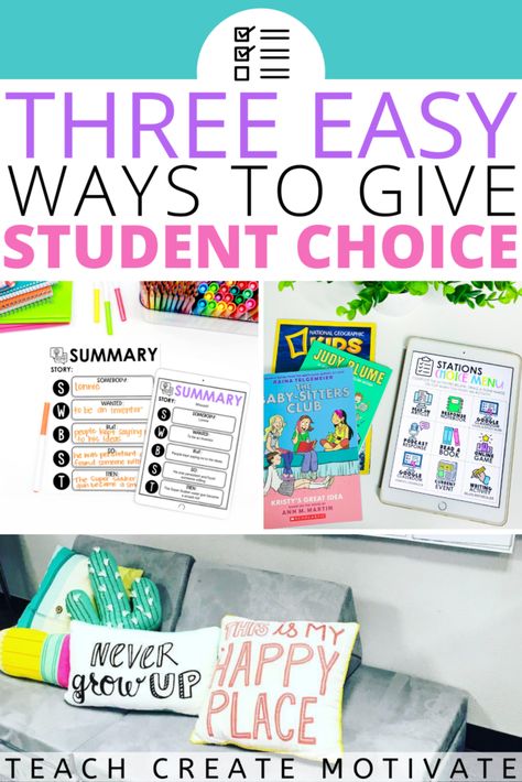 Effective classroom management and student choice go hand in hand. Student choice gives students a voice and a sense of ownership in the classroom. There are many simple ways to give choice in the classroom daily. Read for three easy ways to start giving choice if it isn't something you usually do! (elementary, Kinder, Kindergarten, 1st grade, 2nd grade, 3rd grade, 4th grade, 5th grade, classroom ideas, teacher tips, classroom management, choice menus) Student Choice In The Classroom, 5th Grade Classroom Ideas, Student Centered Classroom, Student Centered Learning, Effective Classroom Management, Student Voice, Student Choice, 5th Grade Classroom, Classroom Management Strategies