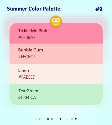 In this article you will find the 10 best summer color palettes for your design to your business products like t-shirts, beverages and cosmetics. You can easily copy Hex codes for each color and use it for your artworks and designs. Summer Color Palette With Hex Codes, Preppy Color Palette Hex Codes, Summer Hex Codes, Pastel Hex Codes Color Schemes, Cute Color Hex Codes, Bubble Gum Color Palette, Bright Color Hex Codes, Summer Color Palette Hex Codes, Apple Calendar Color Palette