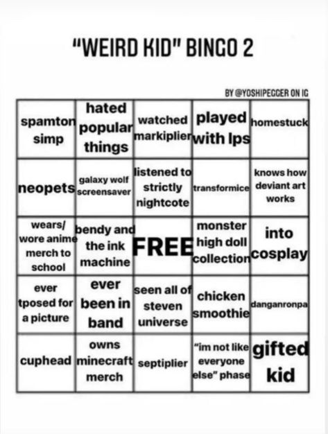 Funny Bingo Template, 2022 Bingo Template, Weird Kid Bingo, Tiktok Templates To Fill Out, Oc Bingo, Personality Bingo, School Kills Artists, Kin Bingo, School Is Killing Me