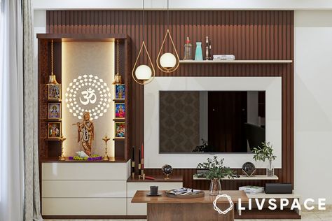 hall-tv-showcase-with-pooja-room Tv Showcase Design, Mandir Designs, Pooja Unit, Kitchen Cabinetry Design, Guest Bedroom Design, Mandir Design, Study Room Design, Interior Design Your Home, Pooja Room Design