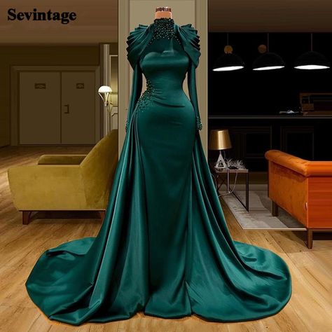 High Neck Prom Dresses, Evening Dresses Long Sleeve, High Neck Prom Dress, Green Prom, Cheap Evening Dresses, Long Sleeve Prom, Satin Evening Dresses, Braut Make-up, Long Sleeve Evening Dresses