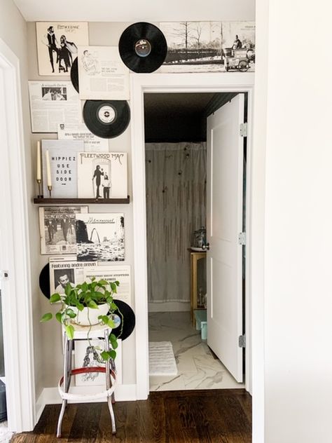 Record Wall in our Hallway Music Wall Inspiration, Room Ideas With Records On Wall, Record Wall Bedroom, Music Themed Apartment, Music Inspired Room, Gallery Wall With Records, Music Wall Art Ideas, Vinyl Decor Ideas Wall, Vinyl Records On Wall Aesthetic