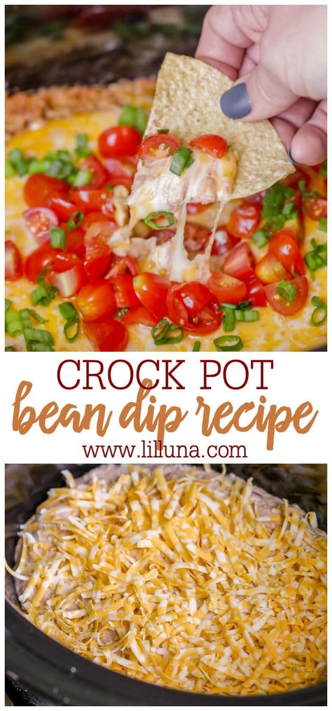 This cheesy and delicious crock pot bean dip is made with hardly any effort! SO easy, convenient, and perfect for holiday parties! Grab those chips and get dippin'. Crockpot Bean Dip, Crock Pot Bean Dip, Cream Cheese Bean Dip, Bean Cheese Dip, Bean Dip Recipe, Layered Bean Dip, Beans In Crockpot, Slow Cooker Beans, Bean Dip Recipes