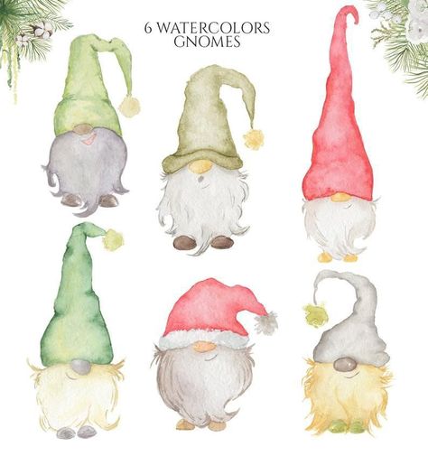 Christmas Gnomes Clipart, Watercolor Gnomes, Gnome Watercolor, Christmas Cards Drawing, Gnomes Clipart, Painted Christmas Cards, Winter Watercolor, Christmas Card Art, Watercolor Christmas Cards