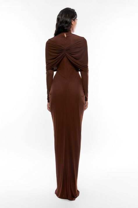 Buy Brown Net And Malai Lycra High Neck Draped Gown For Women by Deme by Gabriella Online at Aza Fashions. Brown Dresses Formal Long Sleeve, Drape Neck Dress, Classic Silhouette Fashion, Brown Dress Formal Classy, Modest Dress Formal, Brown Elegant Dress, Chocolate Brown Bridesmaid Dress, Brown Bridesmaid Dress, Brown Formal Dress