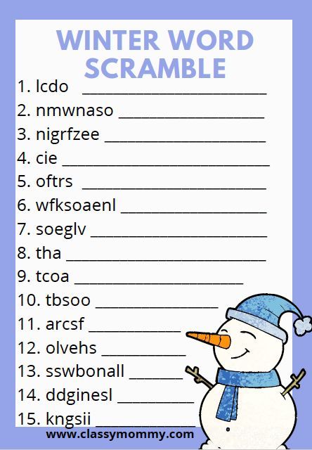 Free Printable Winter Word Scramble. Great for WINTER Parties or Winter Festivals at school. Super easy winter word scramble for kids! Word Scramble For Kids, Class Party Activities, Winter Literacy Activities, Winter Printables Free, Easy Kids Christmas, Winter Break Activities, Christmas Word Scramble, Word Games For Kids, January Activities