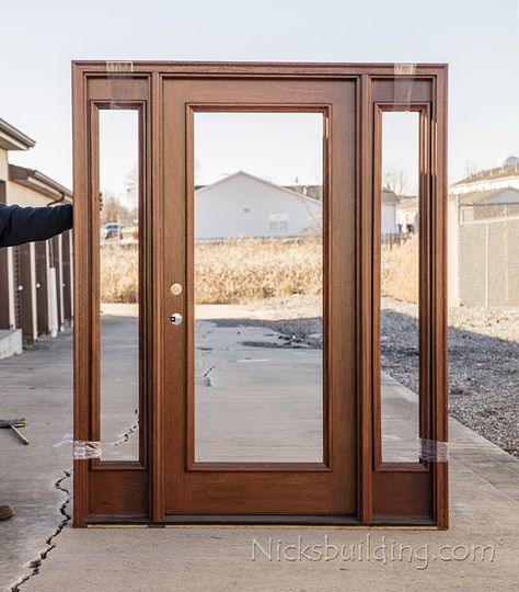 Exterior Mahogany Full-Lite Door Antique Cherry Finish Exterior Doors With Sidelights, Doors With Sidelights, Alder Doors, Door With Sidelights, Mahogany Wood Doors, Historical Homes, Door Price, Solid Wood Doors, Old Doors