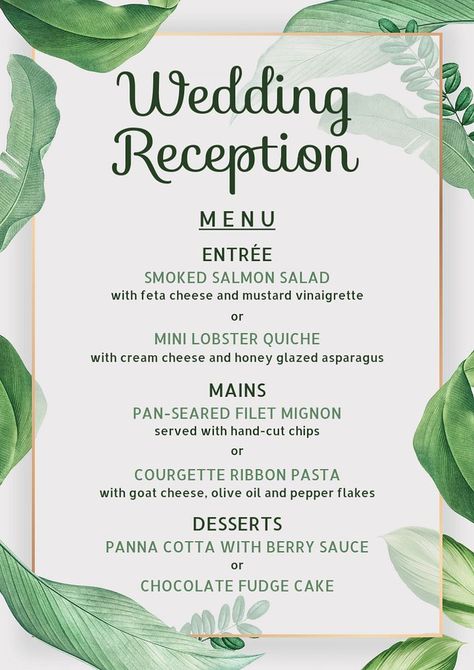 Wedding reception menu poster template, editable text and design | premium image by rawpixel.com Vegan Restaurant Menu Design, Pan Seared Filet Mignon, Ribbon Pasta, Food Font, One Page Menu Design Restaurant, Smoked Salmon Salad, Goat Cheese Pasta, Wedding Reception Menu, Feta Cheese Salad