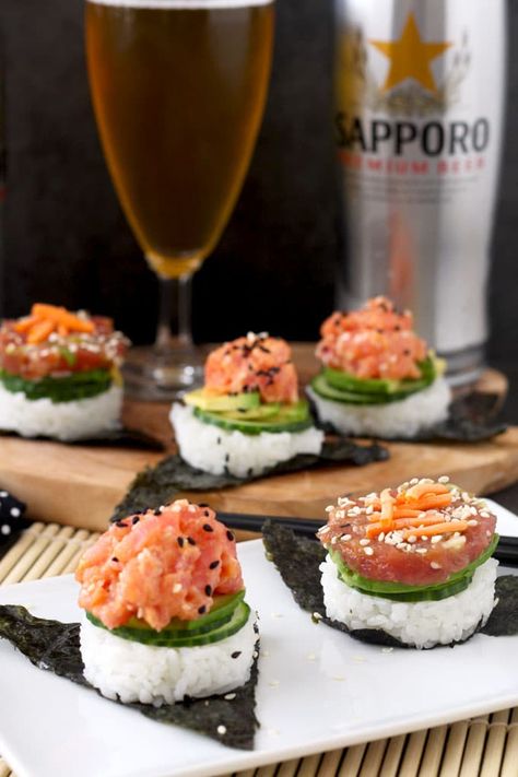 Easy to make and super flavorful sushi stacks are made with fresh tuna, sushi rice, cucumbers and avocado. Spicy Tuna and Soy Sesame Lime recipes included! Sriracha Tuna, Sushi Stacks Recipe, Sushi Stacks, Tuna Poke Bowl Recipe, Seafood Sushi, Tuna Poke Bowl, New Years Appetizers, Tuna Sushi, Fresh Tuna