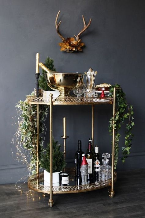 Drinks Trolly Decor, Bar Trolly Ideas, Drink Trolley Styling, Living Room Drinks Trolley, Art Deco Drinks Trolley, Drink Trolley Ideas, Drinks Trolley Upcycle, Drinks Trolley Styling, Liquor Trolley