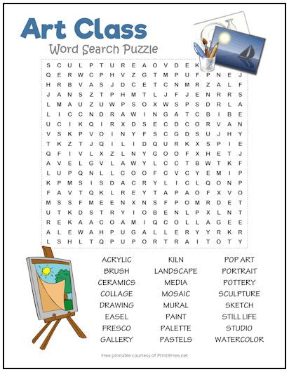 Art Class Word Search Puzzle | Print it Free Fun Art Worksheets, Art Handouts Free Printable, Elementary Art Sub Lessons, Last Day Of Art Class Activities, Art Class Worksheets, Art Class Games, Words Related To Art, Elementary Art Sub Plans, Art Word Search