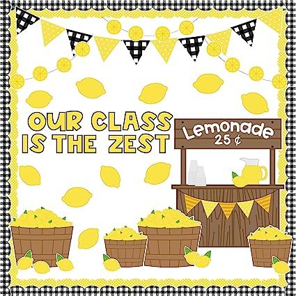 Lemonade Stand Bulletin Board, Lemonade Bulletin Board, Lemon Bulletin Board Ideas, Infant Bulletin Board, Lemon Room, Beach Bulletin Boards, Lemon Classroom, Cafeteria Decorations, School Cafeteria Decorations