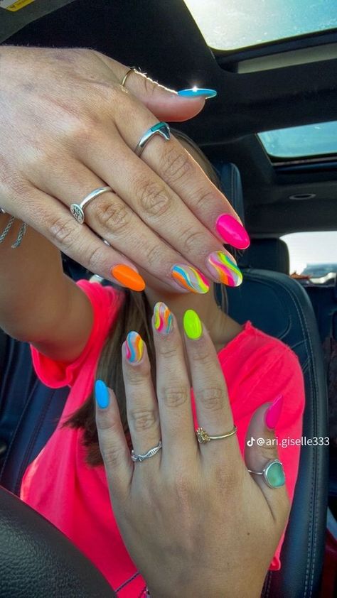 Neon Beach Nails Bright Colors, Funky Neon Nails, Oval Neon Nails, Almond Bright Nails, Neon Almond Nails Designs, Neon Almond Shaped Nails, Neon Nails Designs Summer 2024, Bright Almond Nails, Fun Neon Nails