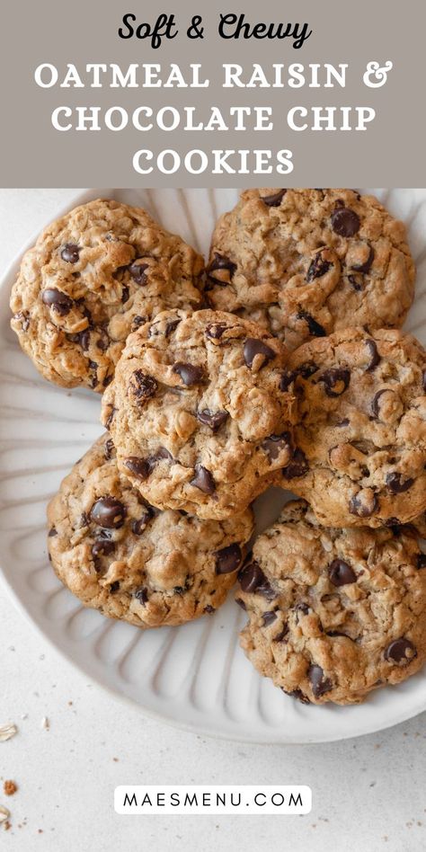 Oatmeal Raisin & Chocolate Chip Cookies Chocolate Chip Raisin Cookies, Raisin Chocolate Chip Cookies, Oatmeal Raisin Chocolate Chip Cookies, Best Oatmeal Raisin Cookies, Raisin Cookie Recipe, Oat Cookie Recipe, Oatmeal Chocolate Chip Cookie Recipe, Oatmeal Raisin Cookies Chewy, Tasty Cookies